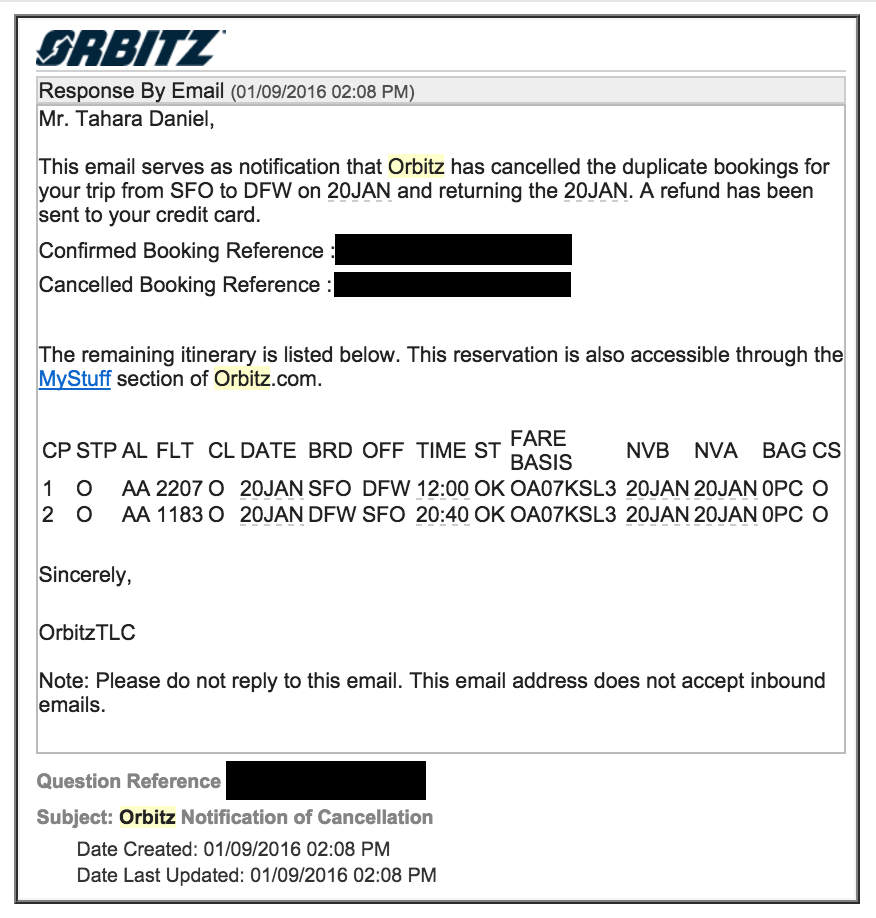 Cancellation email from Orbitz. Whoever sent that must have known I'm Japanese, since my name is backwards.